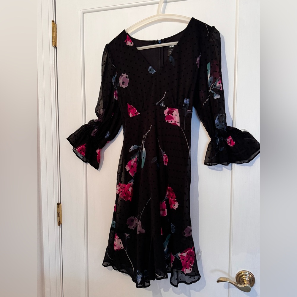 DKNY Black Dress with Pink Floral Design Overlay-Gorgeous!